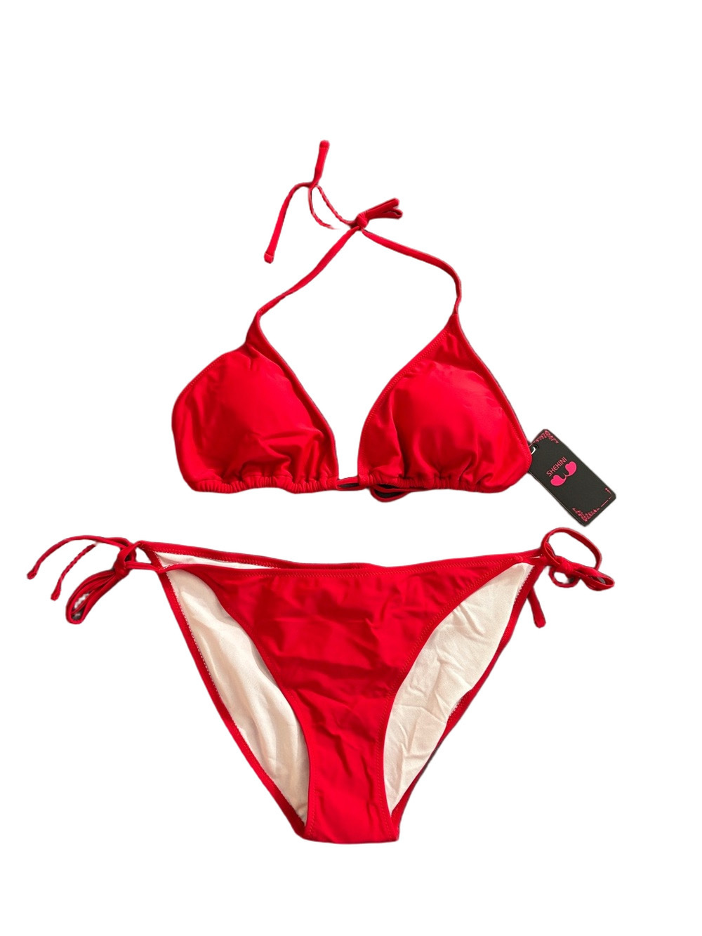 Shekini Red Triangle String Bikini Set Tie Side Halter Swimsuit XL NWT